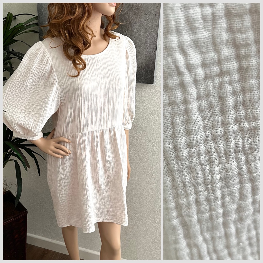 Self Contrast Cream Draya Gauze Shift Dress With Puff Sleeves